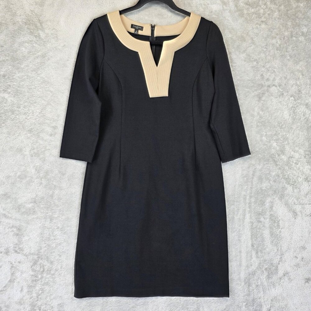 Talbots Dress Womens 4P Black Beige Sheath Ponte Knit 3/4 Sleeve Career Work
